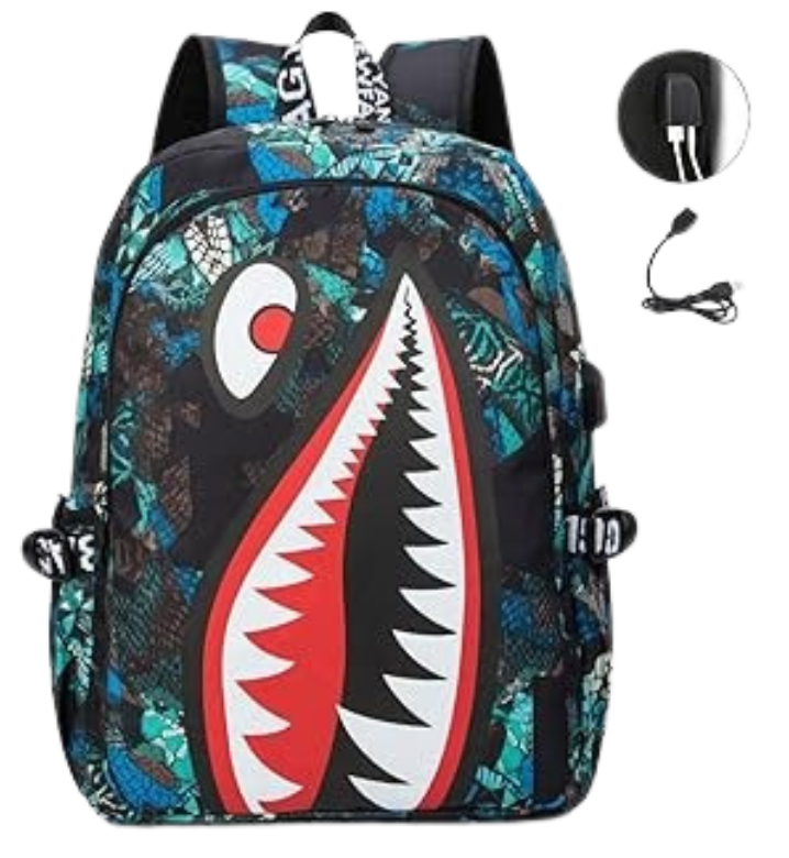 L4.💧 SharkZone Waterproof Backpack with USB Charging Port – Bold Design, Smart Features