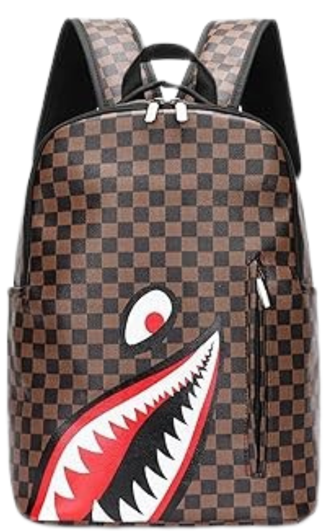 L2.🦈 Shark-Themed Brown Checkered Backpack – Luxe Look, Street-Ready Style