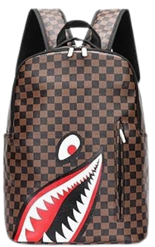 L2.🦈 Shark-Themed Brown Checkered Backpack – Luxe Look, Street-Ready Style