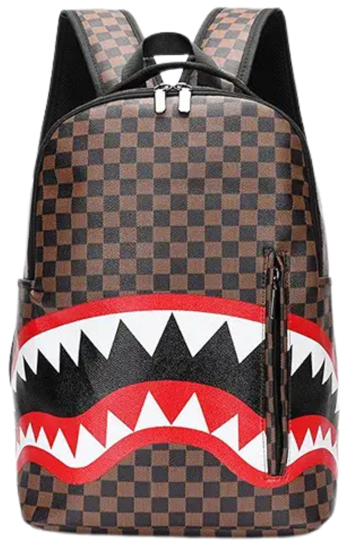 L3.🦈 Shark-Themed Brown Checkered Backpack – Luxe Look, Street-Ready Style