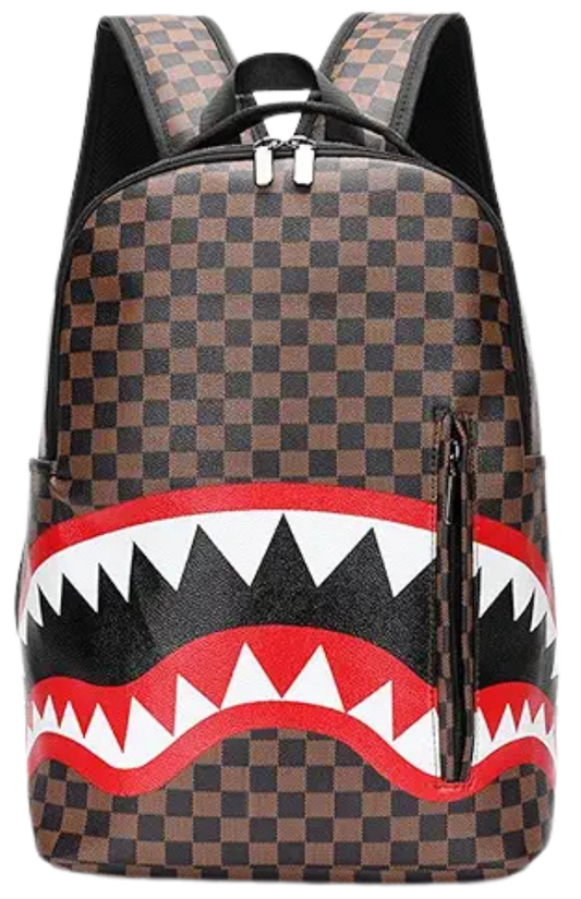 L3.🦈 Shark-Themed Brown Checkered Backpack – Luxe Look, Street-Ready Style
